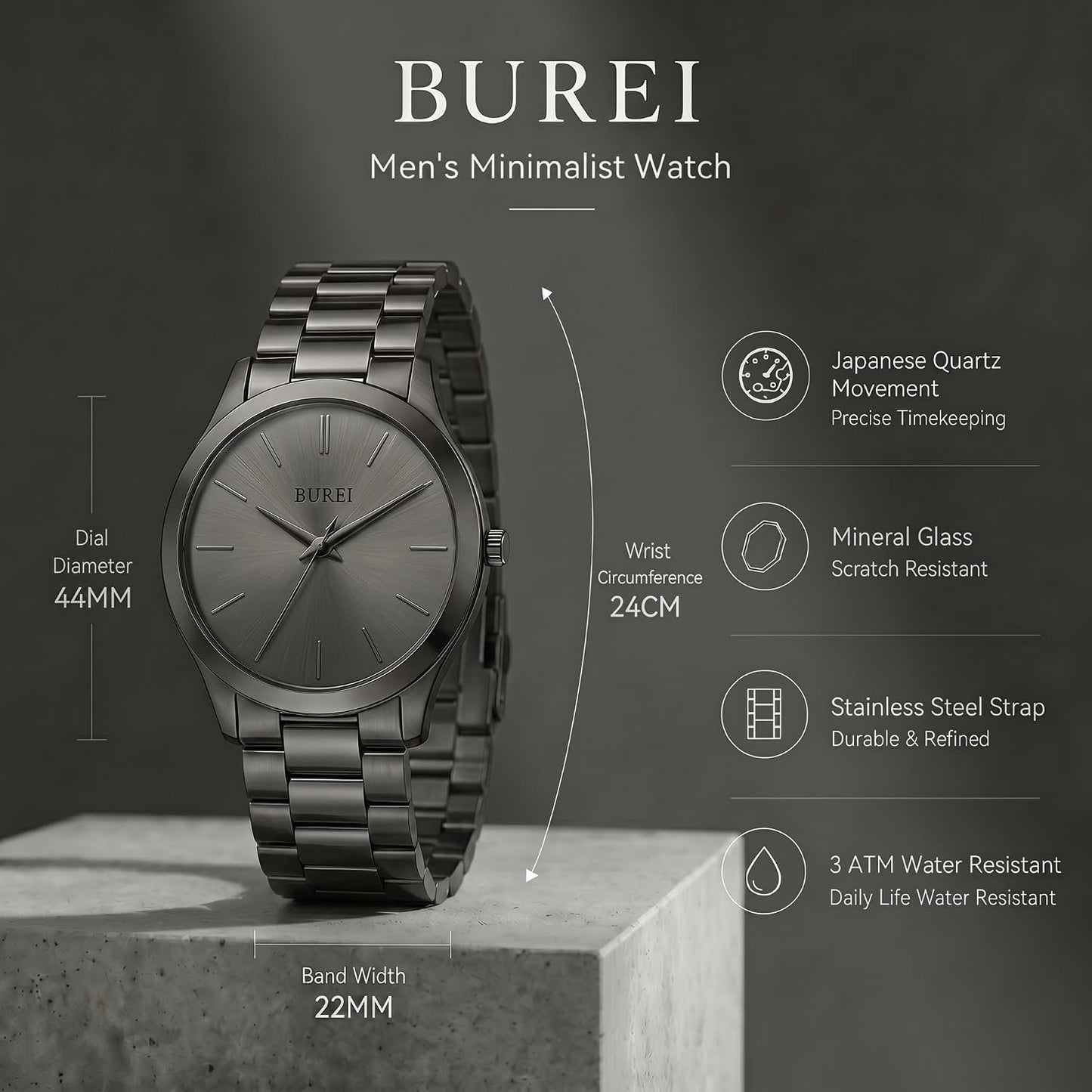 HOTBUREI Men Watches Gifts for Men Fashion Stainless Steel Analog Quartz Waterproof Watches for Mens