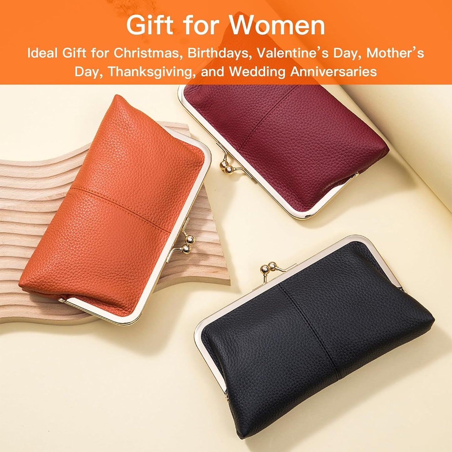 HOTVintage Kiss Lock Clutch for Women, Top Grain Genuine Leather Wallet with 8 Card Slots & Zipper Coin Pocket, Large Capacity Travel Clutch Purse (Pink)