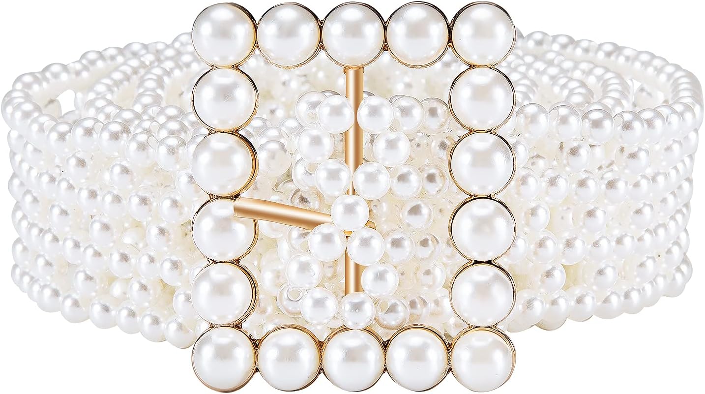 HOTDubulle Women's Pearl Belt Elastic White Waist Chain for Bridal Dress | Plus Size Belts Ivory Beige Silver Pearl Rhinestone Buckle Formal Wedding Ladies