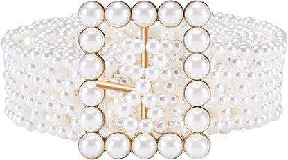 HOTDubulle Women's Pearl Belt Elastic White Waist Chain for Bridal Dress | Plus Size Belts Ivory Beige Silver Pearl Rhinestone Buckle Formal Wedding Ladies