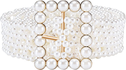 HOTDubulle Women's Pearl Belt Elastic White Waist Chain for Bridal Dress | Plus Size Belts Ivory Beige Silver Pearl Rhinestone Buckle Formal Wedding Ladies