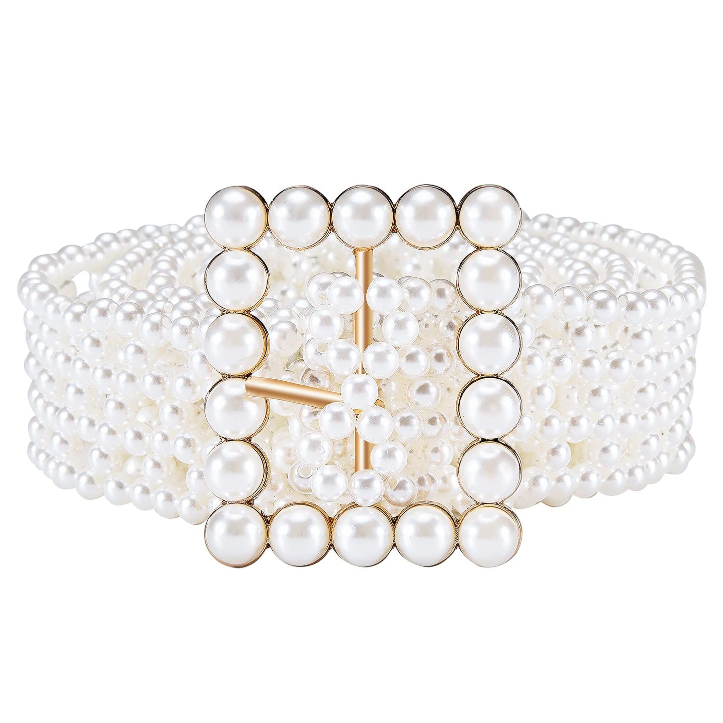 HOTDubulle Women's Pearl Belt Elastic White Waist Chain for Bridal Dress | Plus Size Belts Ivory Beige Silver Pearl Rhinestone Buckle Formal Wedding Ladies