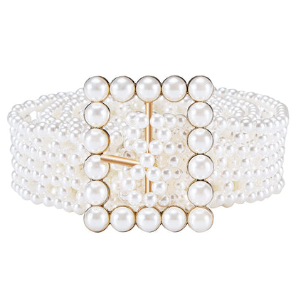 HOTDubulle Women's Pearl Belt Elastic White Waist Chain for Bridal Dress | Plus Size Belts Ivory Beige Silver Pearl Rhinestone Buckle Formal Wedding Ladies