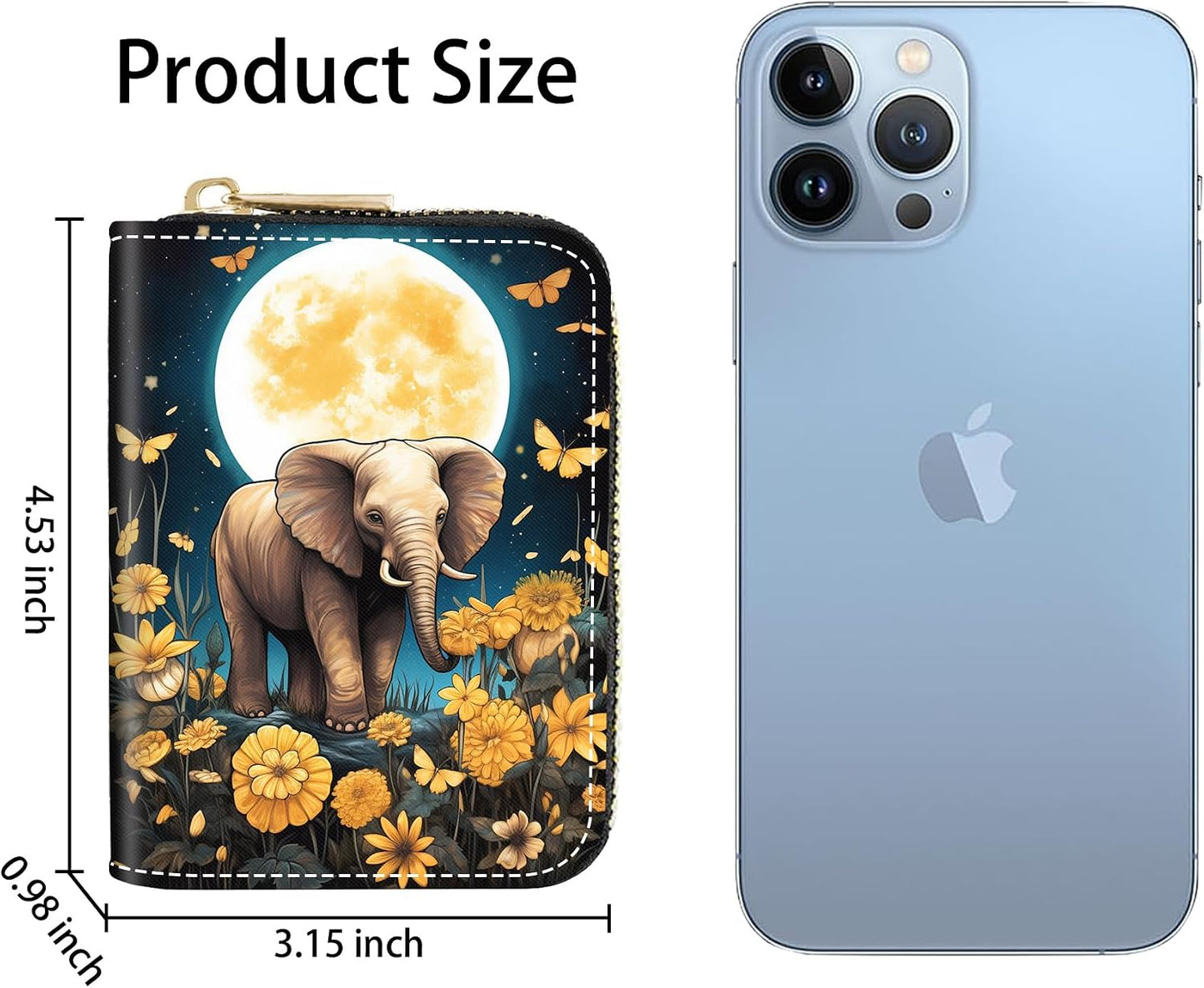 HOTCredit Card Holder Wallets for Women, Slim Leather Card Holder Wallet, Credit Card Wallet Organizer, Pocket Business Card Case with Zipper, Elephants and Flowers Under the Moon
