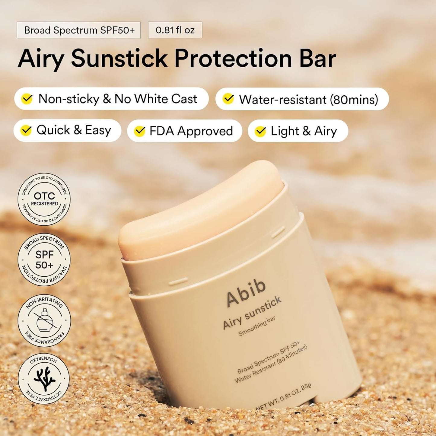 HOTAbib Airy Sunstick Protection Bar SPF50+ Broad Spectrum, Semi-Matte Sunscreen Stick for Oily & Combination Skin, No White Cast, Water-Resistant, Korean Sunscreen, 0.81 oz / 23 g
