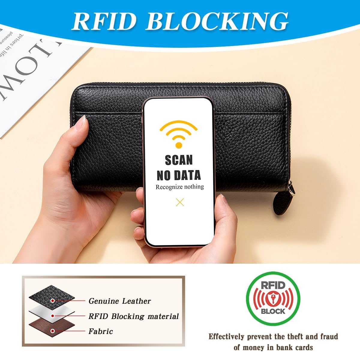 HOTWallets for Women RFID Blocking Real Leather Extra Long Large Capacity Zipper Clutch Wallet with 18 Card Slots, Black
