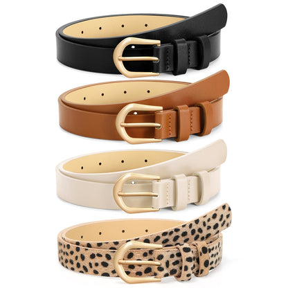 HOTVONMELLI 4 Pack Womens Thin Leather Belt Skinny Waist Belts for Women Fashion Jeans Dress with Gold Buckle