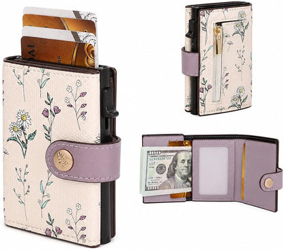 HOTRFID Blocking Trifold Women's Wallet, Slim Floral Leather Card Holder with Multiple Card Slots (Purple)