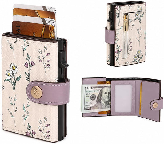 HOTRFID Blocking Trifold Women's Wallet, Slim Floral Leather Card Holder with Multiple Card Slots (Purple)