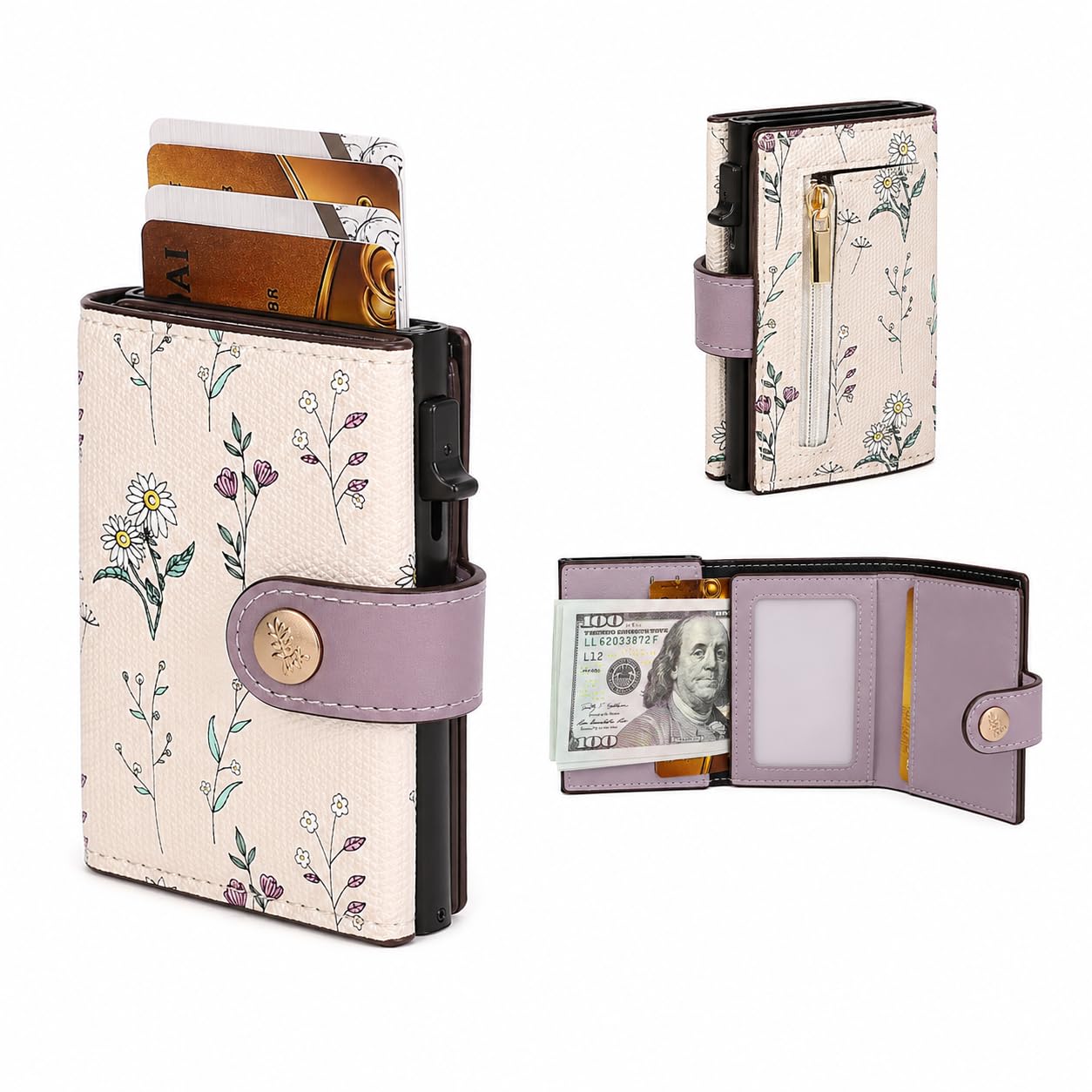 HOTRFID Blocking Trifold Women's Wallet, Slim Floral Leather Card Holder with Multiple Card Slots (Purple)