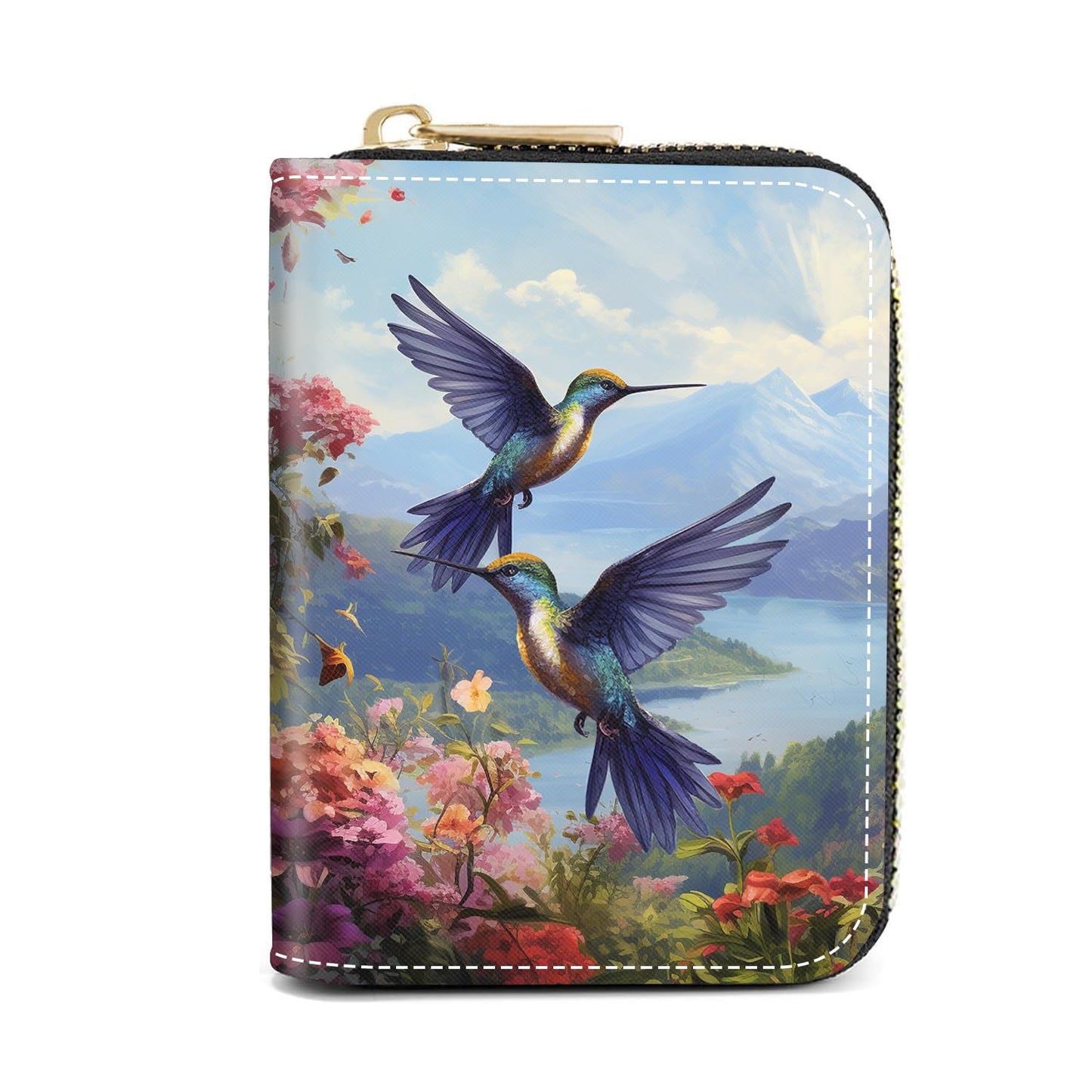 HOTCredit Card Holder Wallets for Women, Slim Leather Card Holder Wallet, Credit Card Wallet Organizer, Pocket Business Card Case with Zipper, Elephants and Flowers Under the Moon