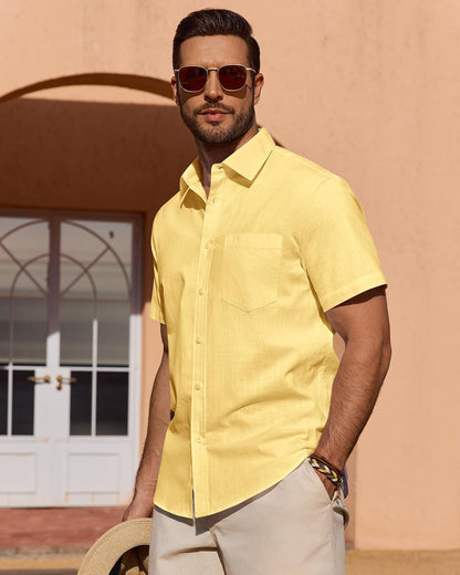 HOTMens Linen Textured Shirt Cotton Short Sleeve Summer Button Down Shirts | 100% Cotton, Linen-look Texture, Casual Wear, Breathable Feel, Lightweight, Untucked, Regular Fit, Beach, Vacation, Resort