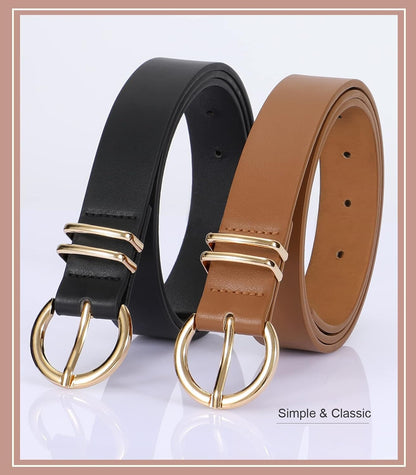 HOTVONMELLI 2 Pack Women's Leather Belts for Jeans Dresses Fashion Gold Buckle Ladies Belt
