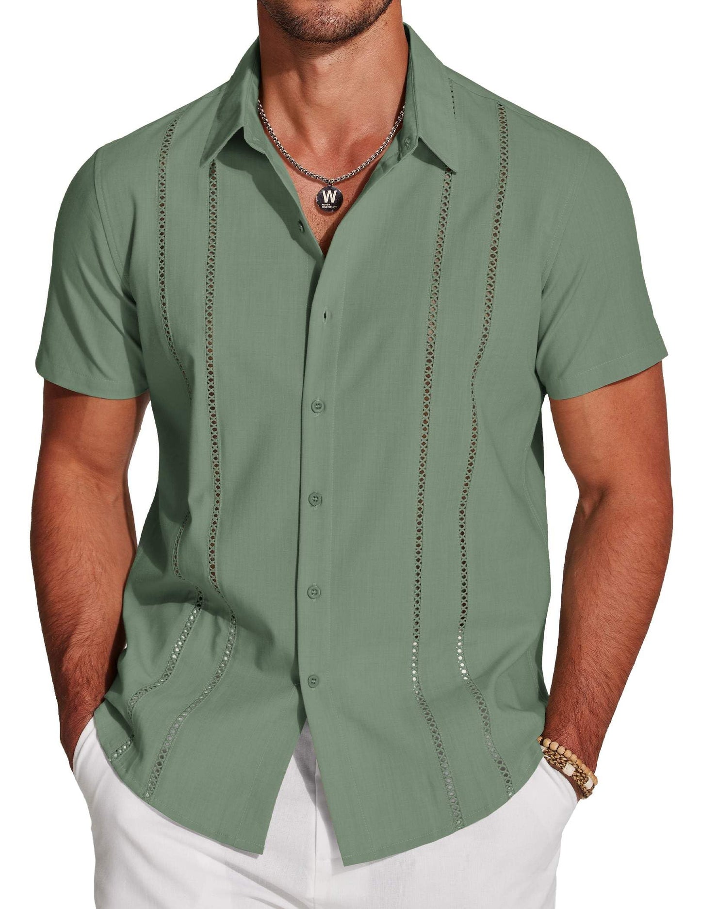 HOTCOOFANDY Men's Cuban Guayabera Shirt Short Sleeve Button Down Shirts Casual Summer Beach Linen Shirts