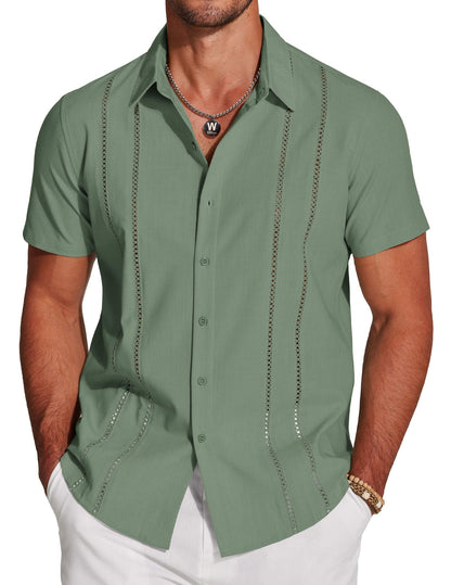 HOTCOOFANDY Men's Cuban Guayabera Shirt Short Sleeve Button Down Shirts Casual Summer Beach Linen Shirts