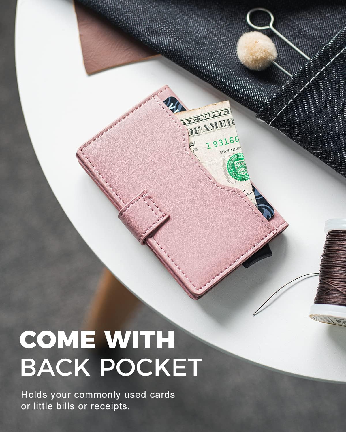 HOTVULKIT Slim Bifold Pop up Wallet Minimalist Leather Card Holder RFID Blocking Metal Card Case with ID Window for Women | with Leather Slots