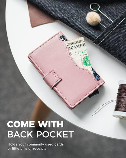 HOTVULKIT Slim Bifold Pop up Wallet Minimalist Leather Card Holder RFID Blocking Metal Card Case with ID Window for Women | with Leather Slots