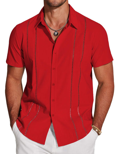 HOTCOOFANDY Men's Cuban Guayabera Shirt Short Sleeve Button Down Shirts Casual Summer Beach Linen Shirts