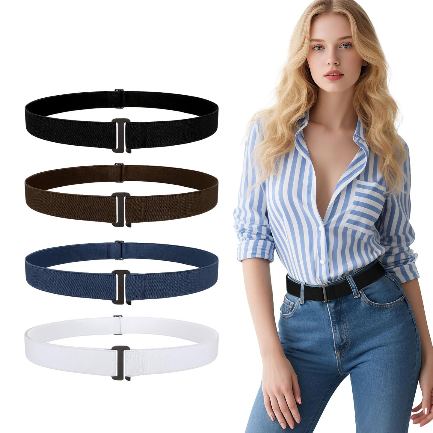 HOTJASGOOD 3/4/5/6 Pack No Show Stretch Belts for Women Invisible Elastic Belt for Jeans Pants Shirt Sweater Tuck Band