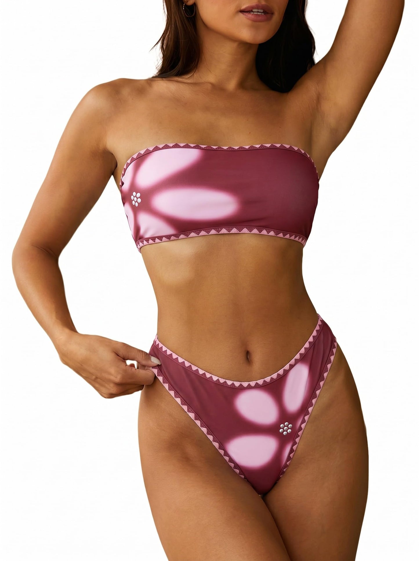 HOTZAFUL Women Strapless Bandeau Bikini 2 Piece Swimwear Lace up Bathing Suits | Strapless Textured Bikini Set Cheeky Solid Bandeau Bathing Suits