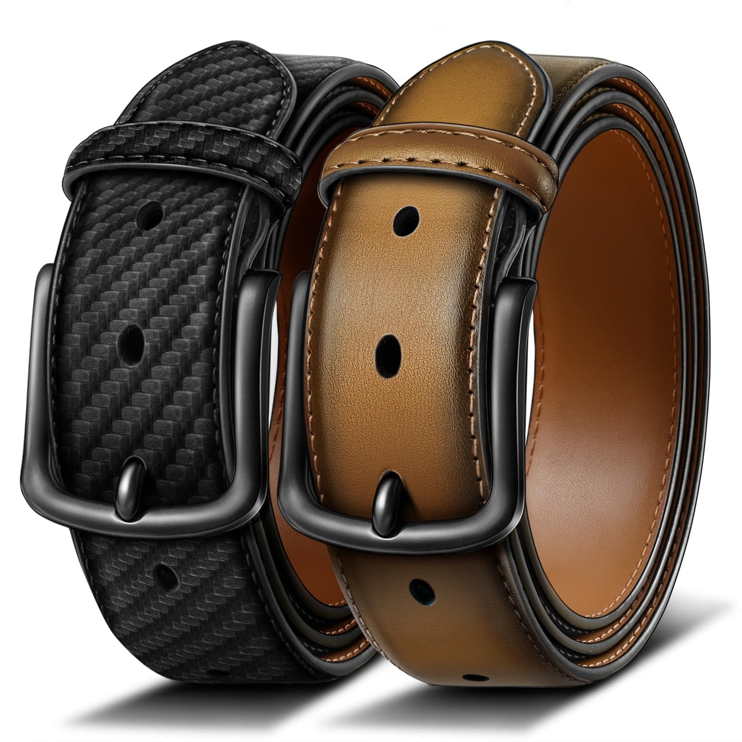 HOTBULLIANT 2-Pack Leather Belt for Men 1 3/8"-7 Eyelets-Gift Boxed | 7 Grommets Adjustable Range | Versatile for Golf Dress Casual Jeans