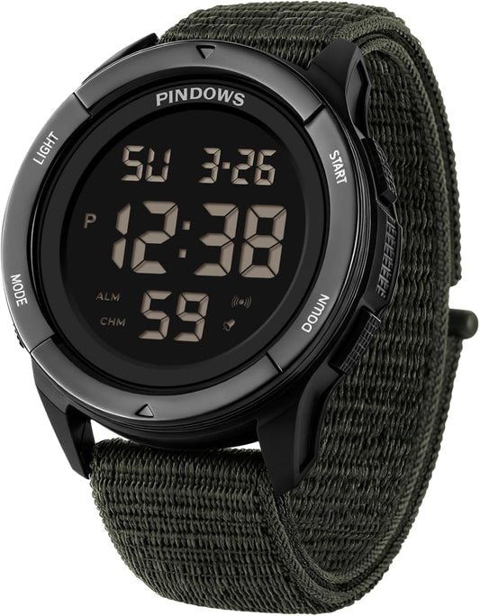 HOTPINDOWS Men's Digital Watch, 50M Waterproof Military Tactical Sport | 10M drop-resistant case, 3X bright LED backlight, and an infinitely adjustable breathable nylon band for a custom fit