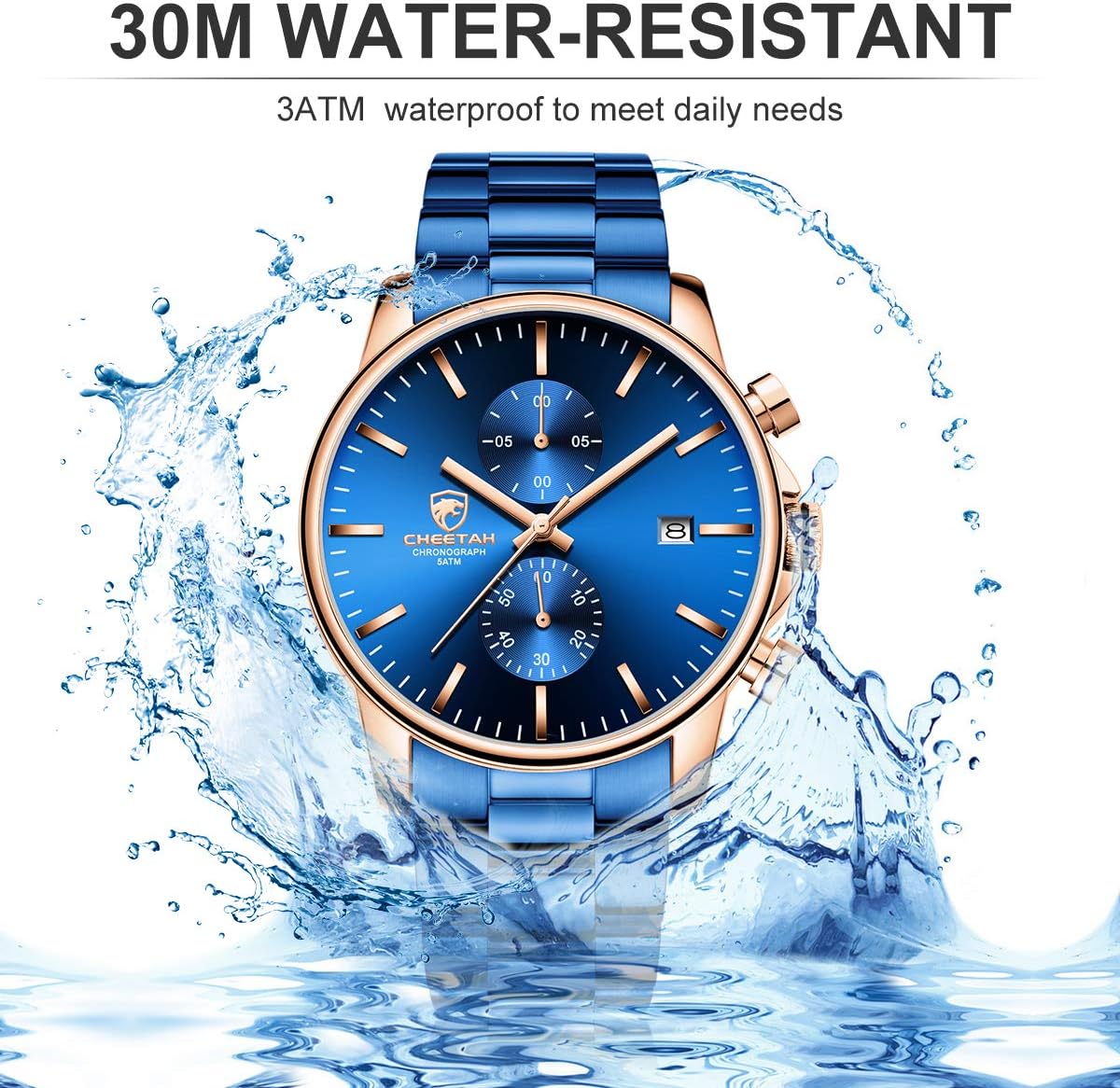HOTGOLDEN HOUR Fashion Business Mens Watches with Stainless Steel Waterproof Chronograph Quartz Watch for Men, Auto Date