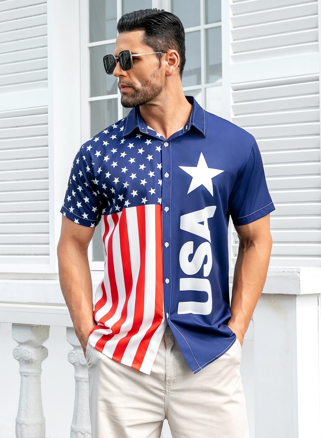 HOTuideazone Mens 4th of July American Flag Patriotic Shirt M-XXL | USA Short Sleeve Button Up Shirt for Independence Day, Memorial Days, Flag Day, 4th of July Parties, Beach Trips and Daily