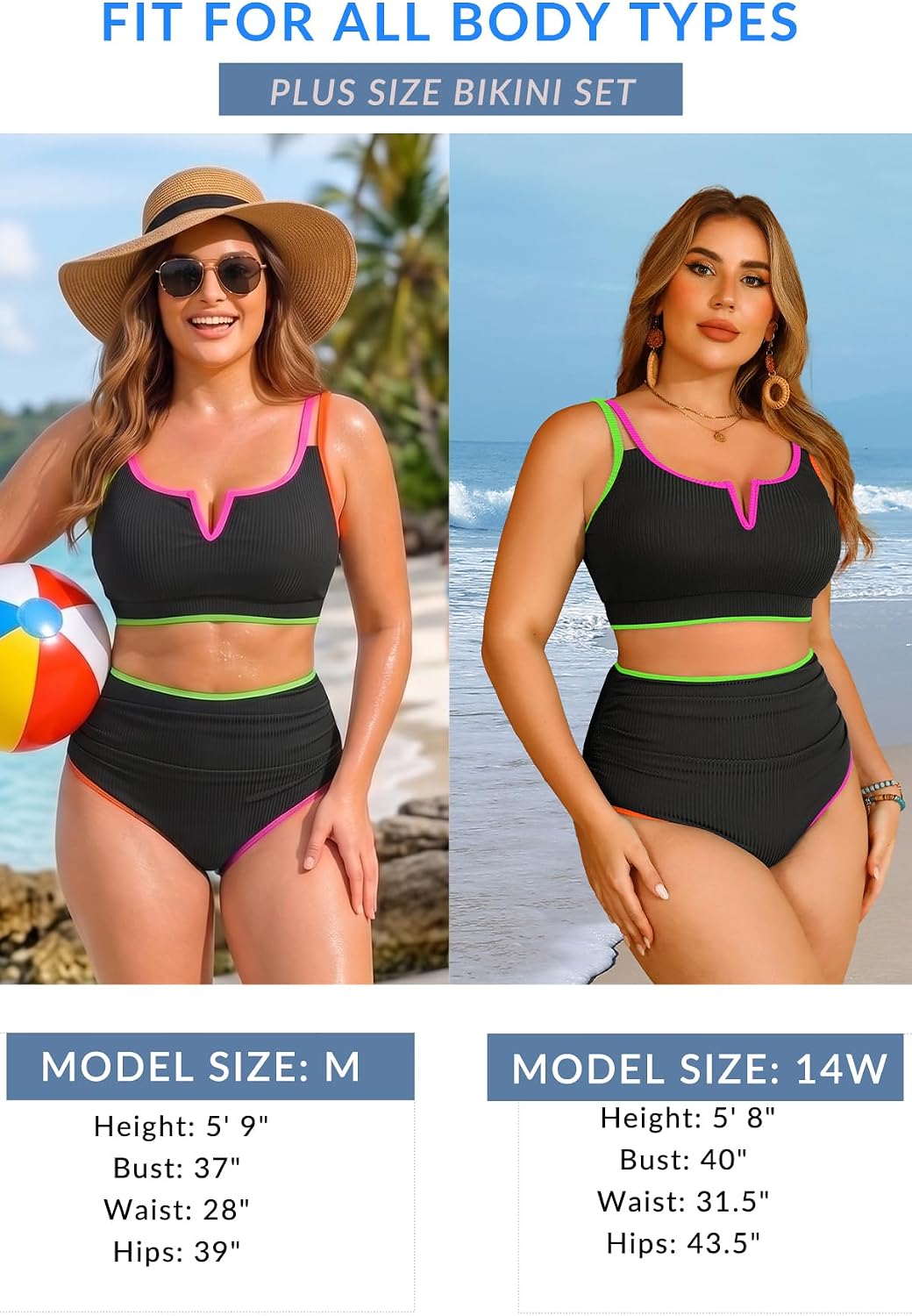 HOTWomen Plus Size High Waisted Bikini Ribbed Two Piece Tummy Control Swimsuit | V-Wired Bathing Suit, Adjustable Straps, Full Coverage, Full Lining