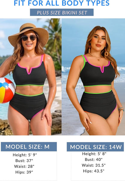 HOTWomen Plus Size High Waisted Bikini Ribbed Two Piece Tummy Control Swimsuit | V-Wired Bathing Suit, Adjustable Straps, Full Coverage, Full Lining