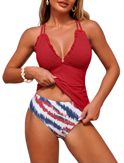 HOTZAFUL Womens Tankini Swimsuits Smocked 2 Piece Bathing Suits Modest Tie Back Swimwear