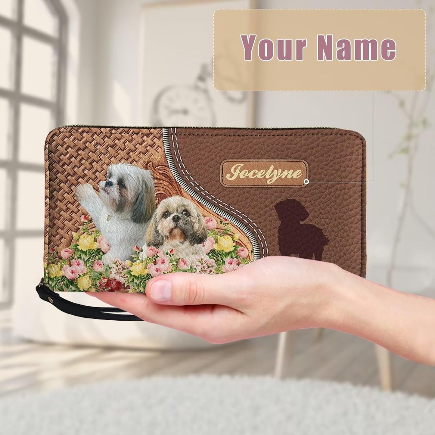 HOTTuoxiukan Personalized Wallets for Women Floral Shih Tzu Wallet Purse with Wristlet Custom Name Wallets Zipper Clutch Card Organizer Cash Coin Pouch Handbags for Mom Pu Leather Phone Case