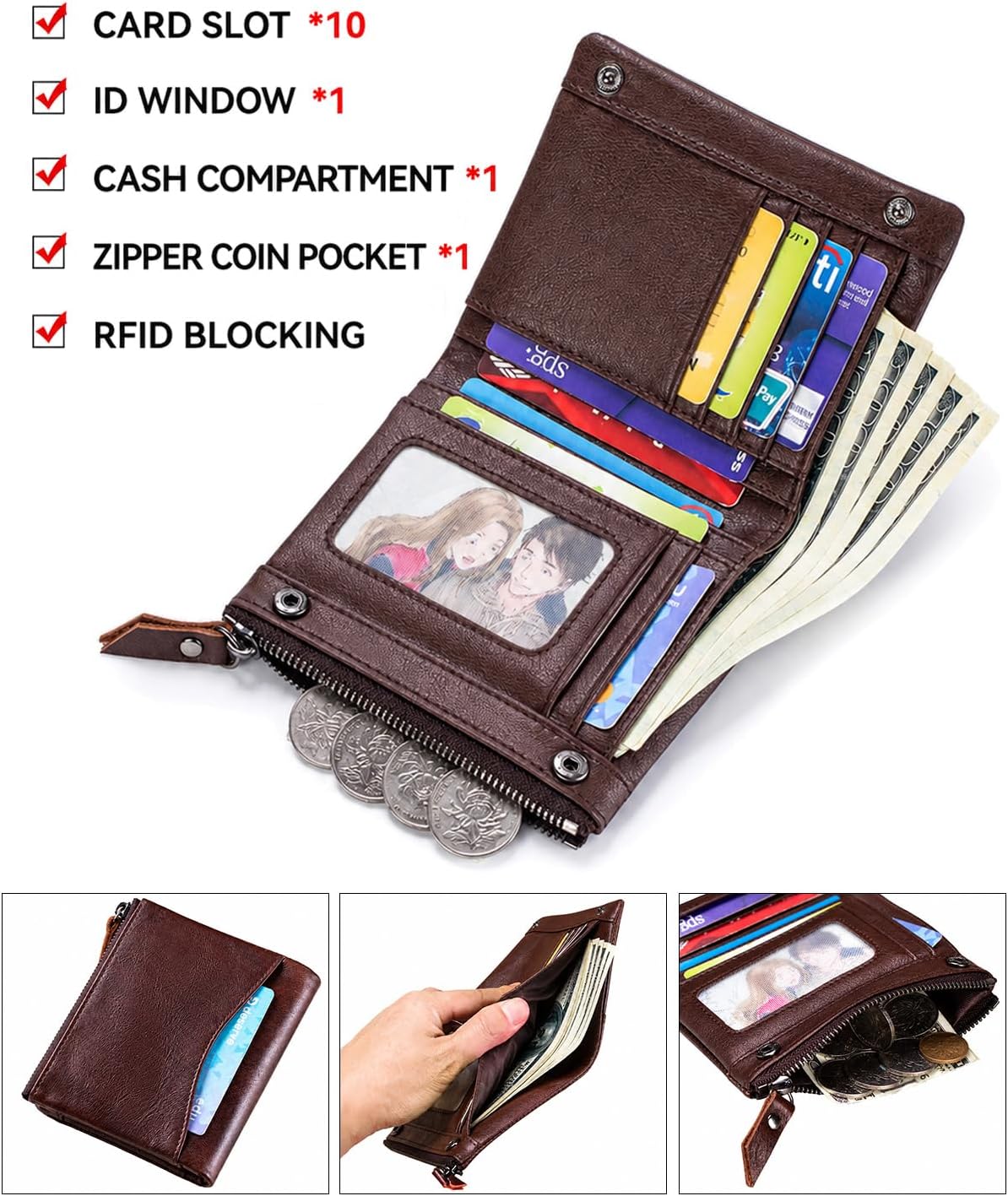 HOTWallet for Women, RFID Blocking Leather Zip Wallet, 10 Card Slots | Genuine cowhide,clear ID window,zip coin pocket,snap closure,ideal for daily carry (Coffee)