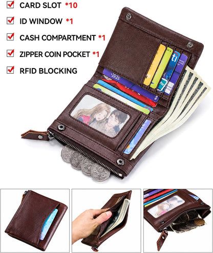 HOTWallet for Women, RFID Blocking Leather Zip Wallet, 10 Card Slots | Genuine cowhide,clear ID window,zip coin pocket,snap closure,ideal for daily carry (Coffee)