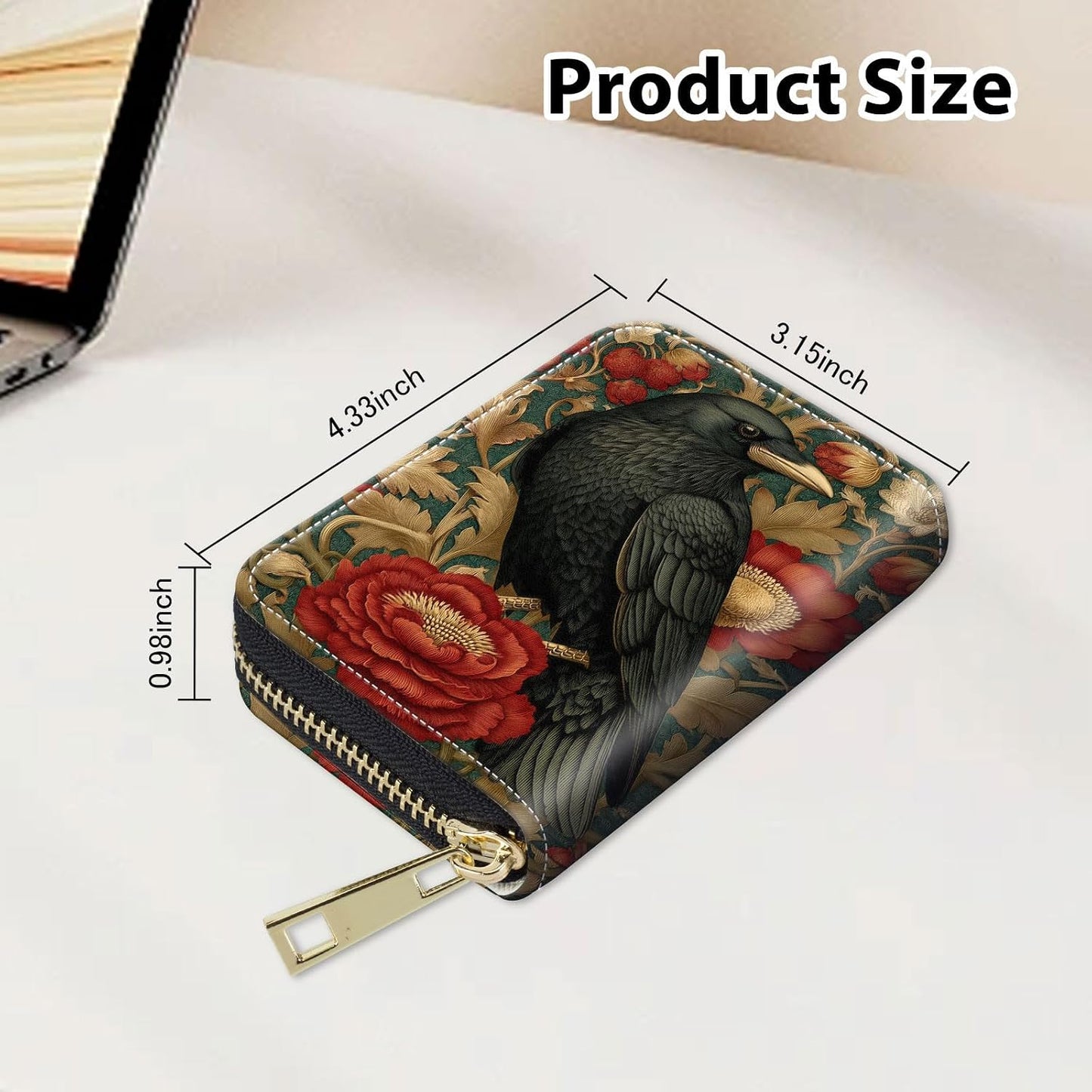 HOTSlim Zipper Card Wallet for Women — RFID Blocking Mini Wallet, PU Leather Small Credit Card Holder & Coin Pocket, Travel-Friendly Card Organizer, Crow & Rose