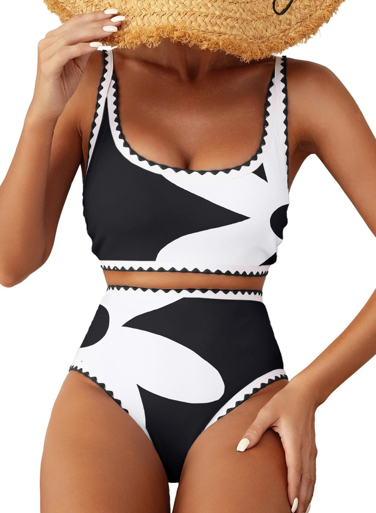HOTHerseas Women's Bikini Sets Floral Print Whip Stitch 2 Piece Swimsuits High Waisted Scoop Bathing Suits