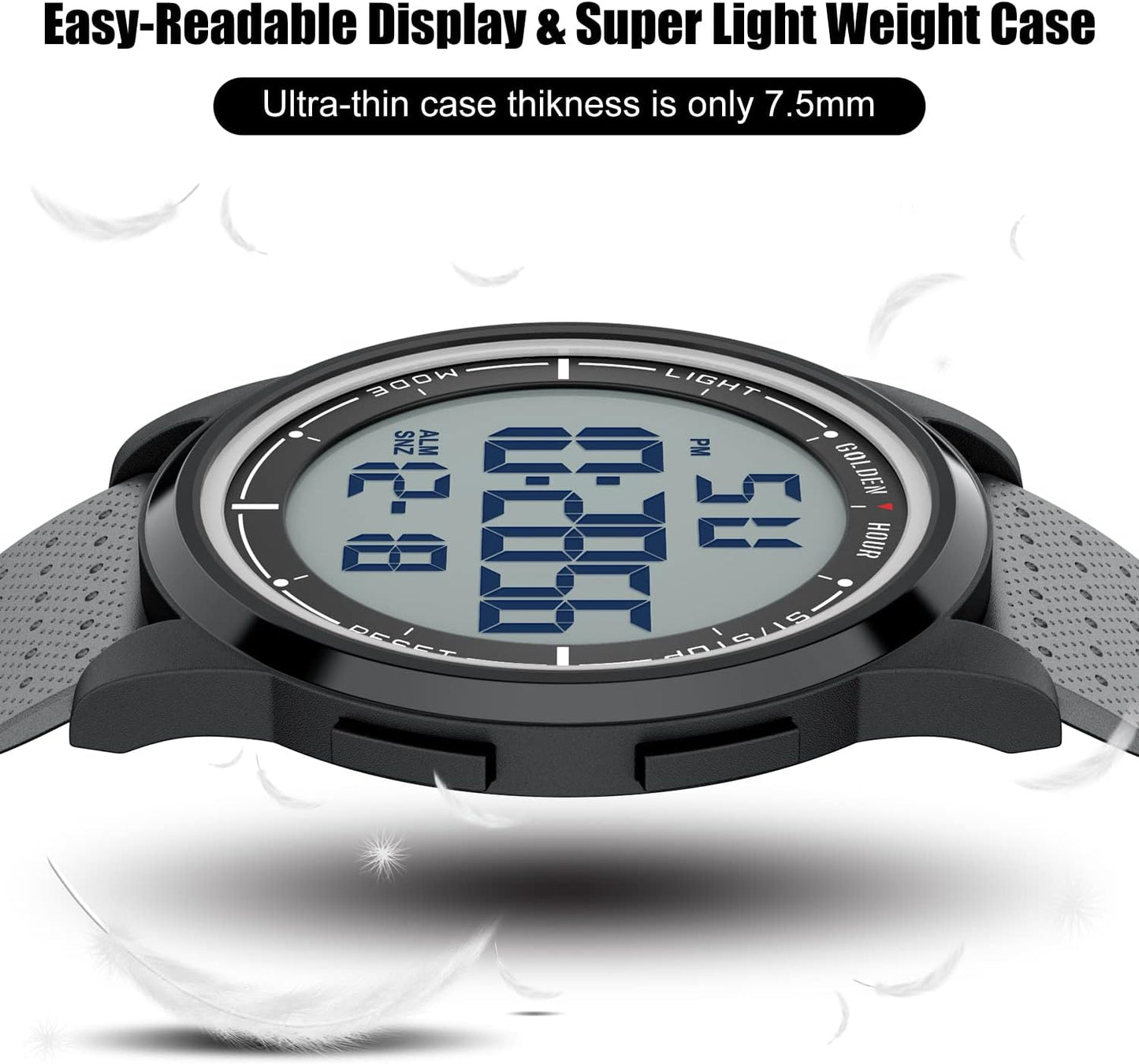 HOTGOLDEN HOUR Ultra-Thin Minimalist Sports Waterproof Digital Watches Men with Wide-Angle Display Rubber Strap Wrist Watch for Men Women