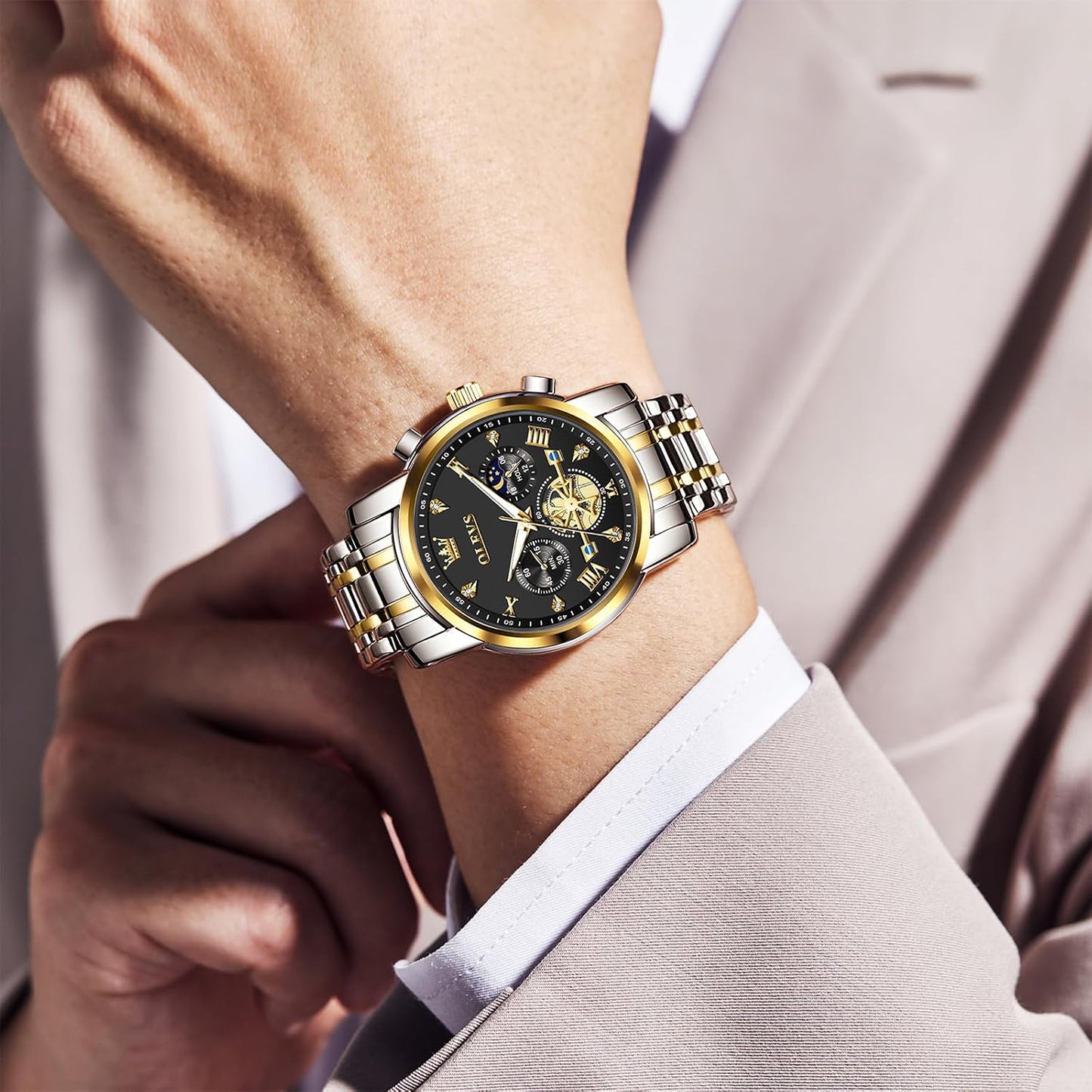 HOTOLEVS Men Watches Stainless Steel Chronograph Watch, Large Wrist Analog Quartz Watch, Fashion Waterproof Diamond Roman Numerals Dress Watches for Men, Gold/Black/White/Blue/Grey Dial