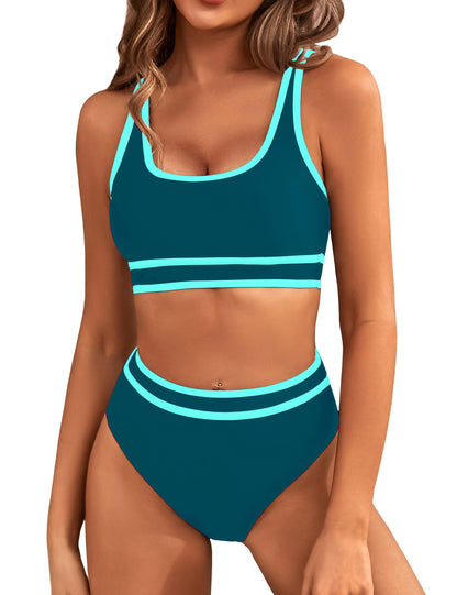 HOTBMJL Women's High Waisted Bikini Sets Sporty Two Piece Swimsuits Color Block Tummy Control Modest Bathing Suit