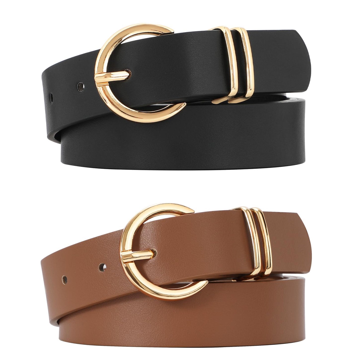 HOTVONMELLI 2 Pack Women's Leather Belts for Jeans Dresses Fashion Gold Buckle Ladies Belt