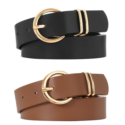 HOTVONMELLI 2 Pack Women's Leather Belts for Jeans Dresses Fashion Gold Buckle Ladies Belt