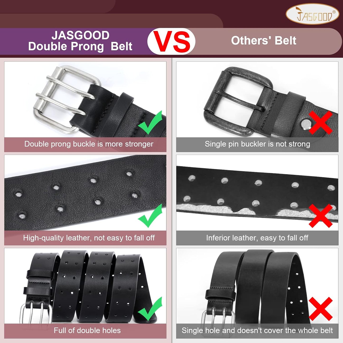 HOTJASGOOD Men Double Prong PU Leather Belt Casual Work Heavy Duty Belt Double Grommet Holes Belt for Jeans