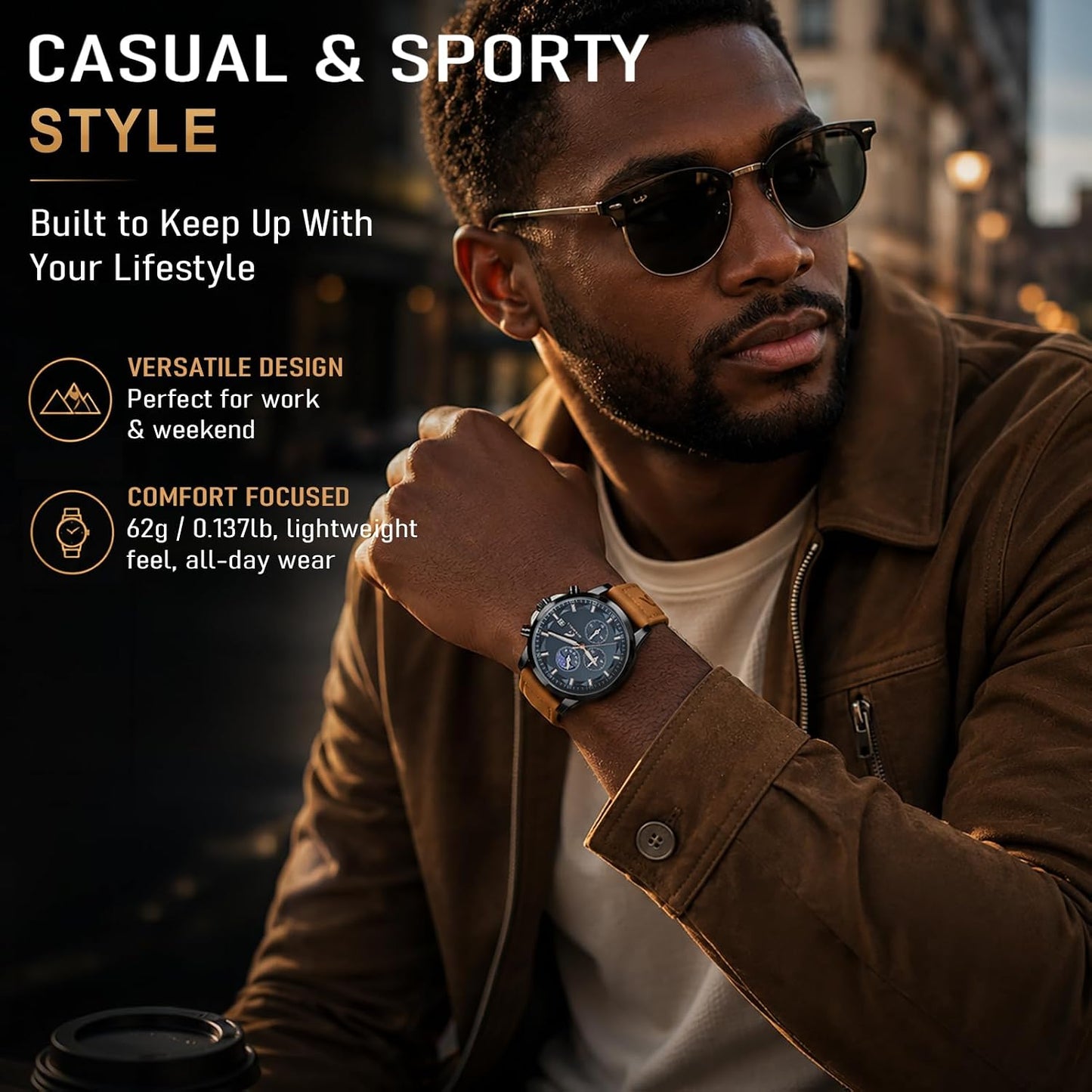 HOTFashion Casual Analog Watches for Men with Functional Chronograph Subdials | Mens Watches with Decorative Sun-Moon Dial, Auto Date, Dual Timers, Luminous, Waterproof, Gifts for Men Dad Husband Boyfriend