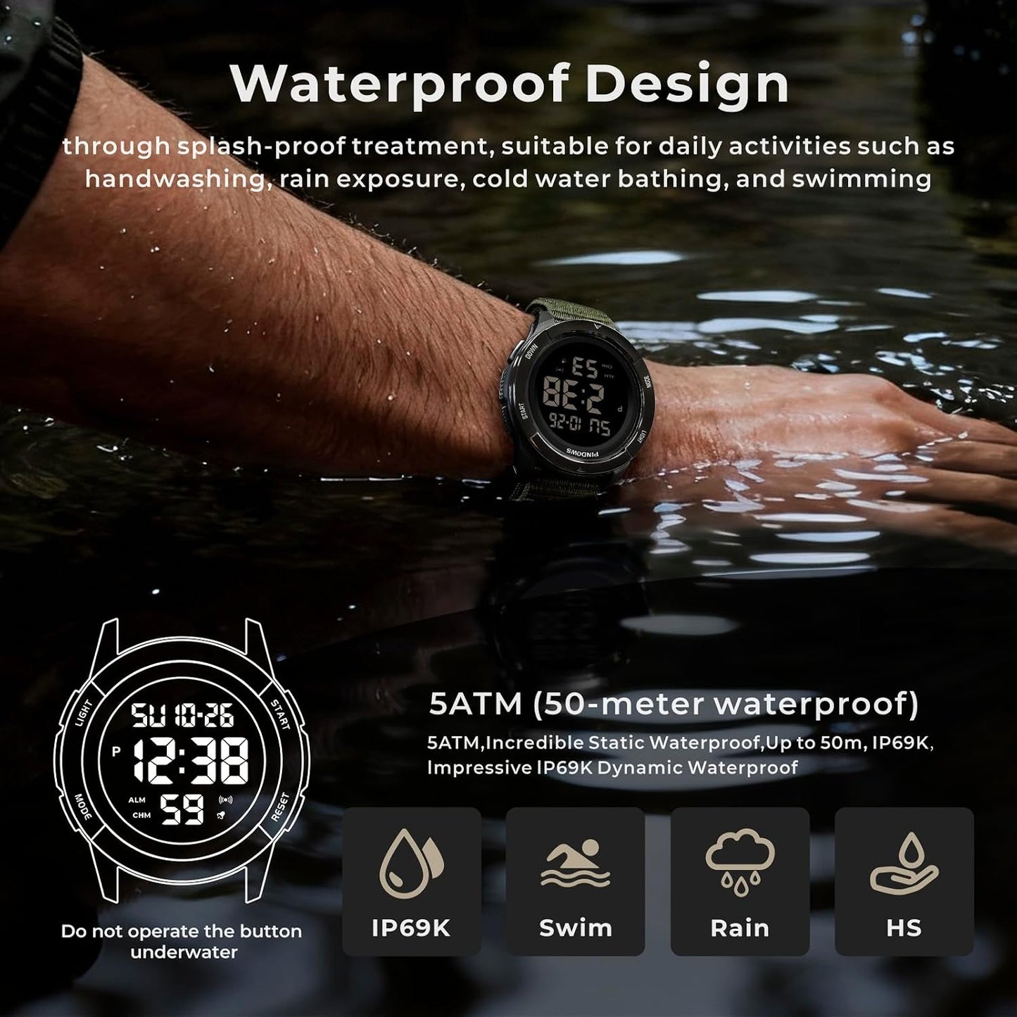 HOTPINDOWS Men's Digital Watch, 50M Waterproof Military Tactical Sport | 10M drop-resistant case, 3X bright LED backlight, and an infinitely adjustable breathable nylon band for a custom fit