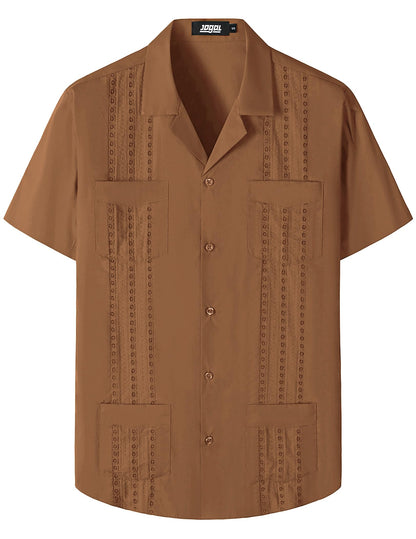 HOTJOGAL Mens Guayabera Shirts Cuban Short Sleeve Casual Button Down Beach Shirt