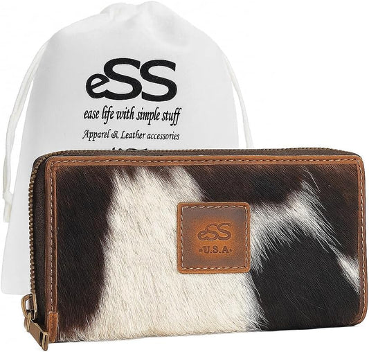 HOTESS Cowhide Leather Wallet for Women – RFID Blocking Clutch with Zipper | 8 Card Slots White & Black 7.25x3.75 in genuine hair-on Handmade Craftsmanship Gift-Ready Pouch Unique One-of-a-Kind Pattern