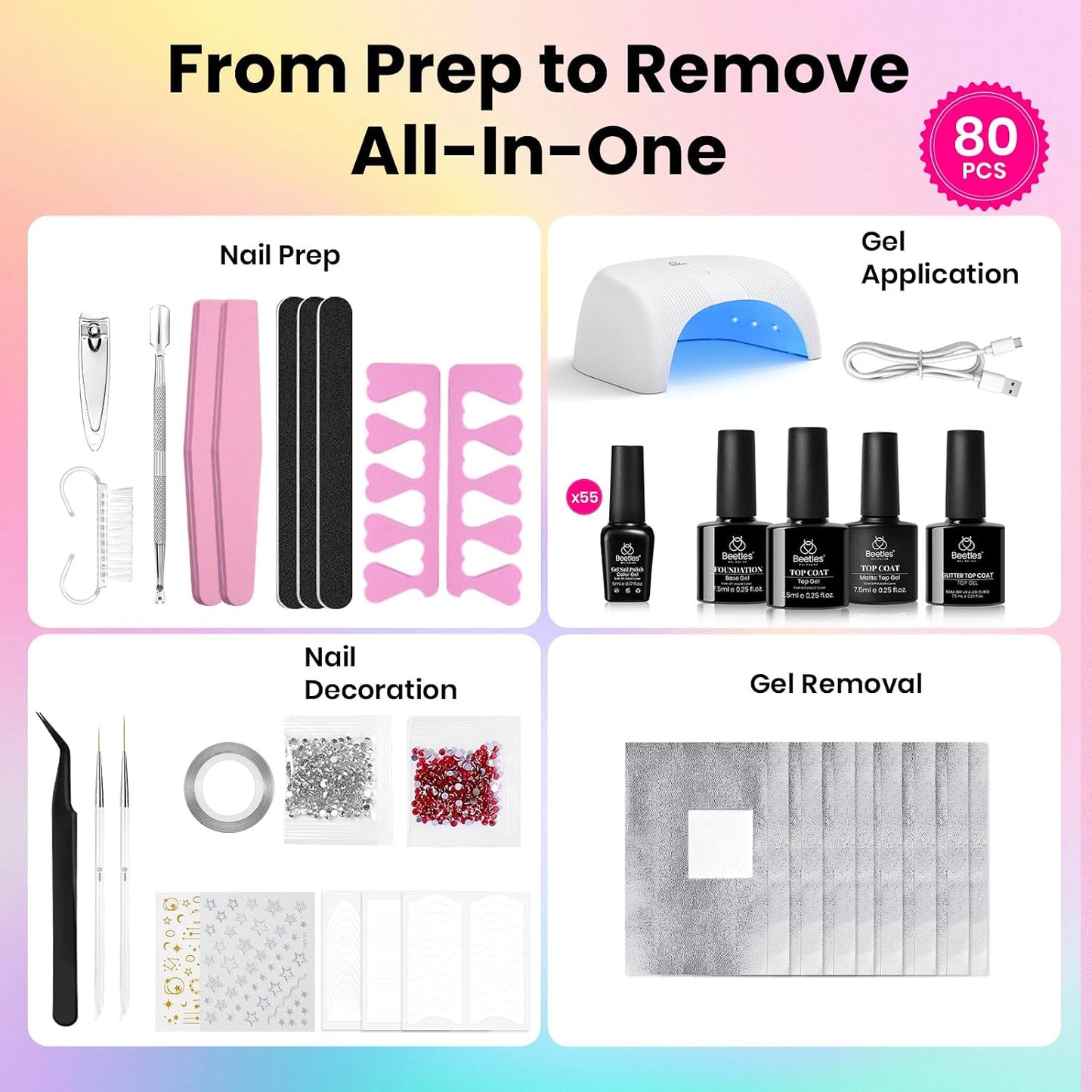 HOTBeetles Gel Nail Polish Kit with U V Light - 80Pcs 55 Colors Gel Nail Kit | Color Enchantment with Everything Base Top Coat Beginner Starter at Home Nails Kit Manicure DIY Salon Tools Gifts for Women