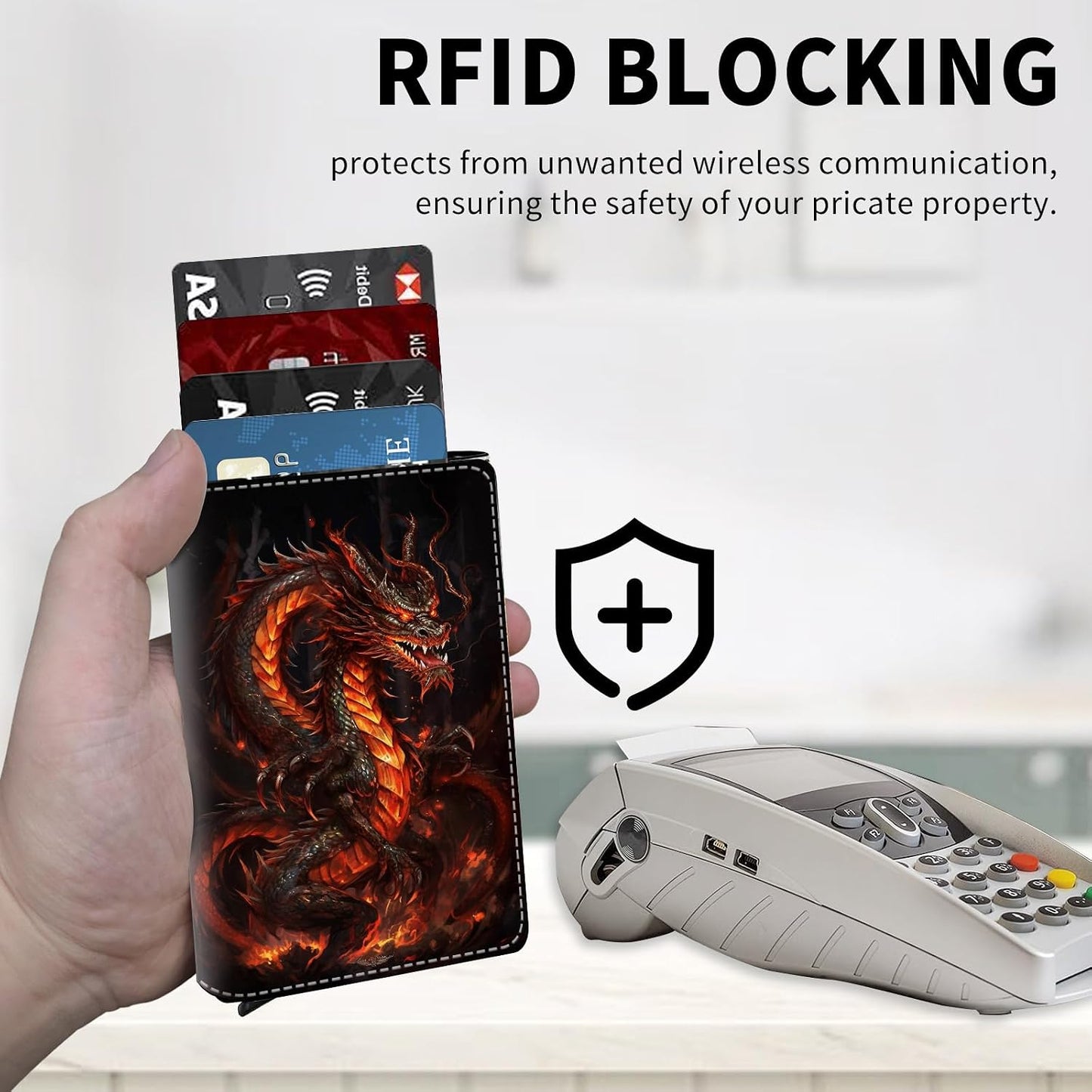 HOTAluminum Auto Pop Up Wallet Case Credit Card Holder For Women Men Girl, Leather Card Case Front Pocket Trifold Wallet with RFID Blocking Banknote Slot Slim Wallet Women, The Mighty Fire Dragon
