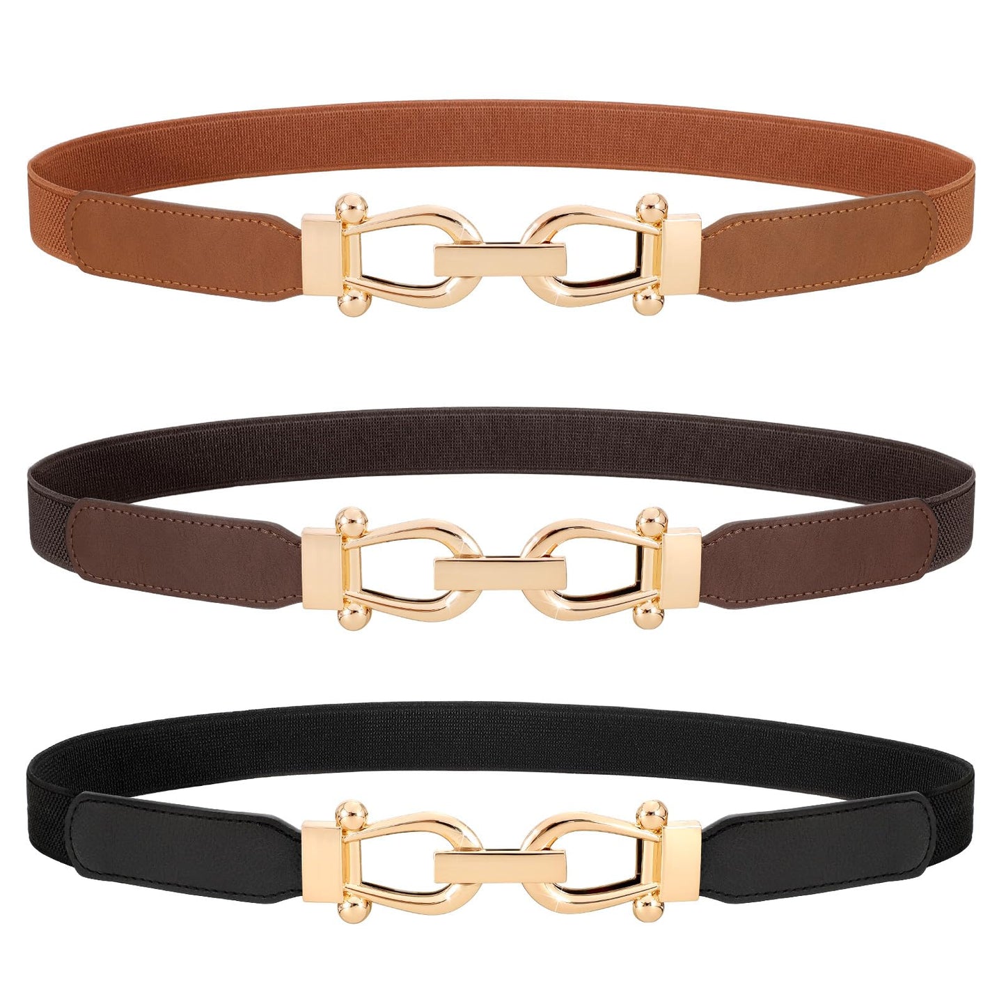 HOTWERFORU 3 Pack Women Skinny Elastic Waist Belt Gold Buckle Stretchy Thin Belt for Jeans Dress