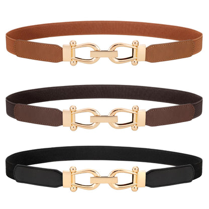 HOTWERFORU 3 Pack Women Skinny Elastic Waist Belt Gold Buckle Stretchy Thin Belt for Jeans Dress